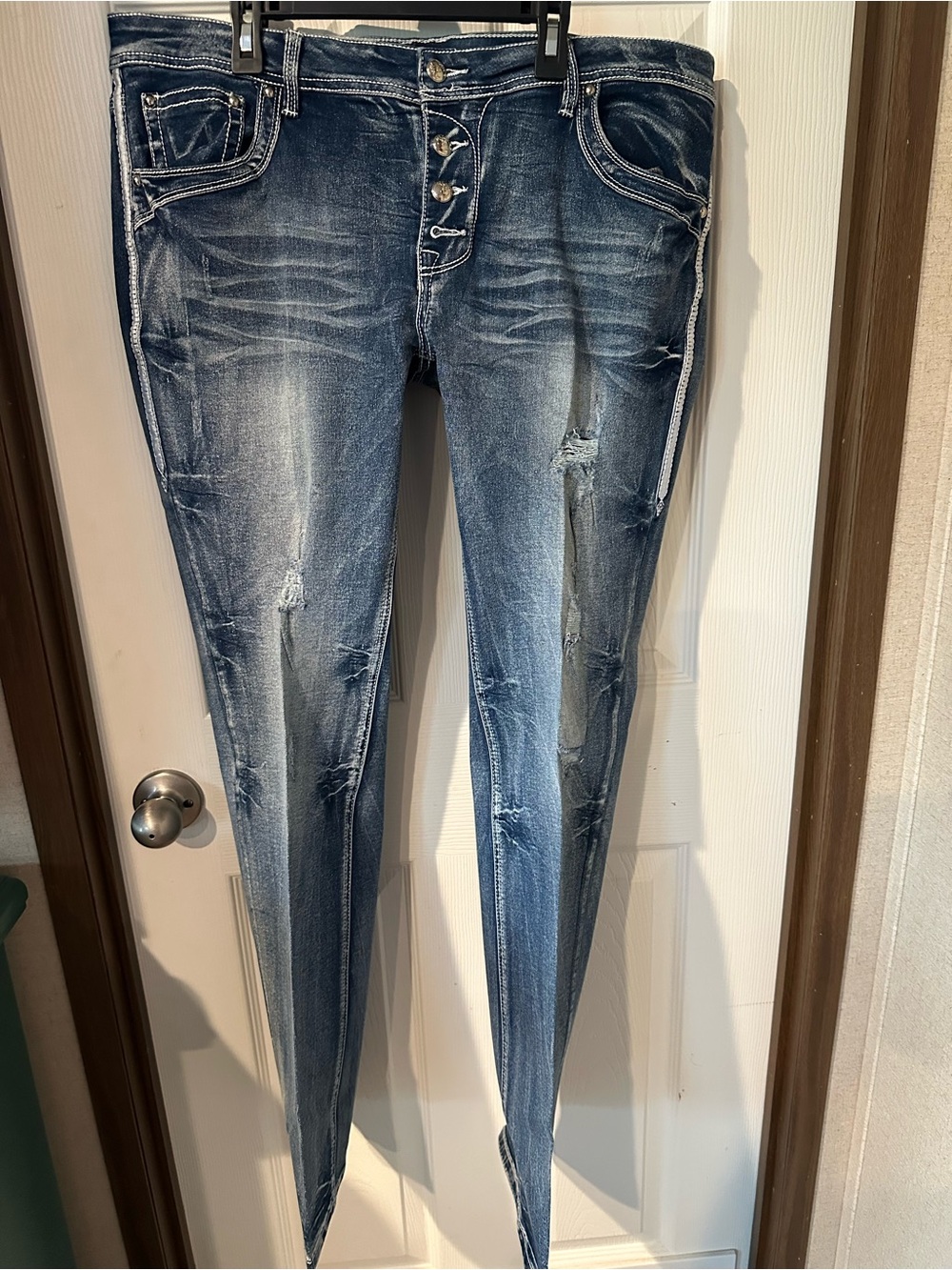Flamingo women’s 2xl distressed High-Rise Bootcut button fly Jeans Washed Blue